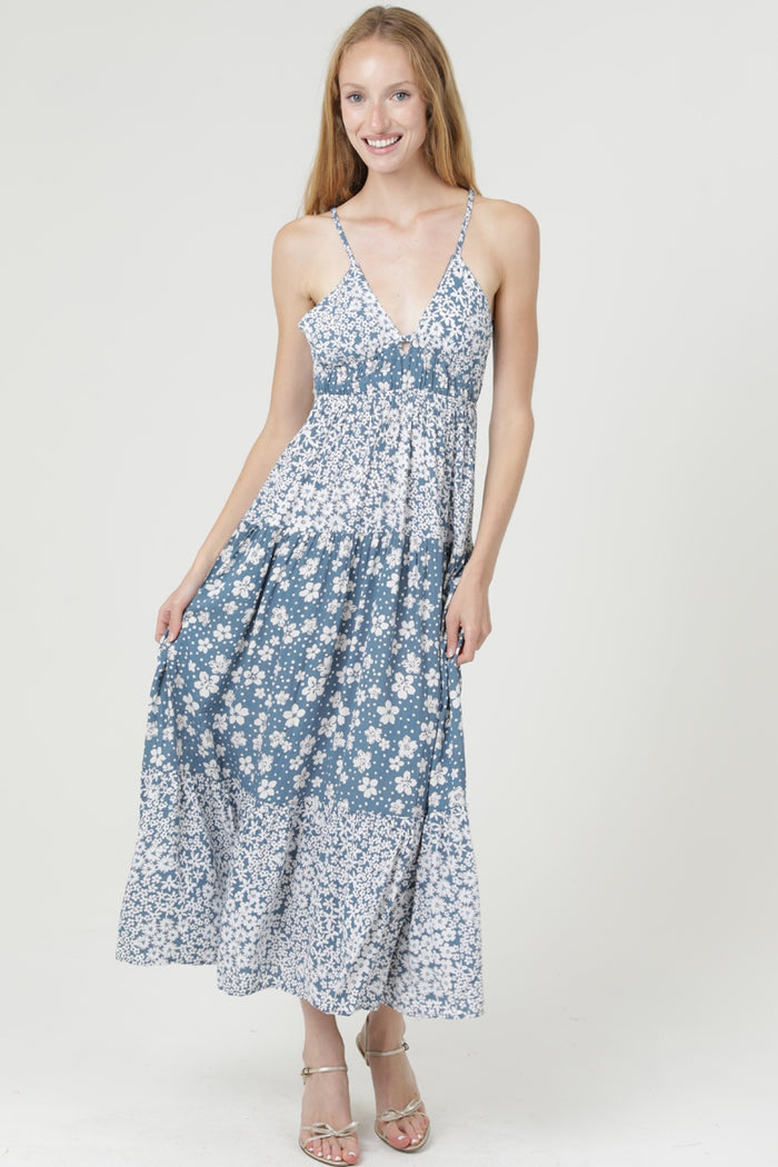 V-Neck Open Tie-Back Mixed Print Maxi Dress - Peacock