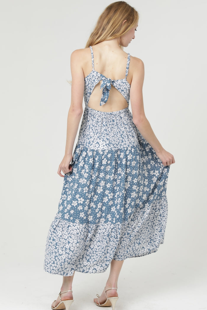 V-Neck Open Tie-Back Mixed Print Maxi Dress - Peacock