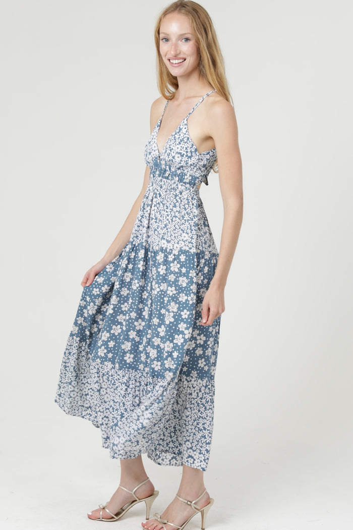 V-Neck Open Tie-Back Mixed Print Maxi Dress - Peacock