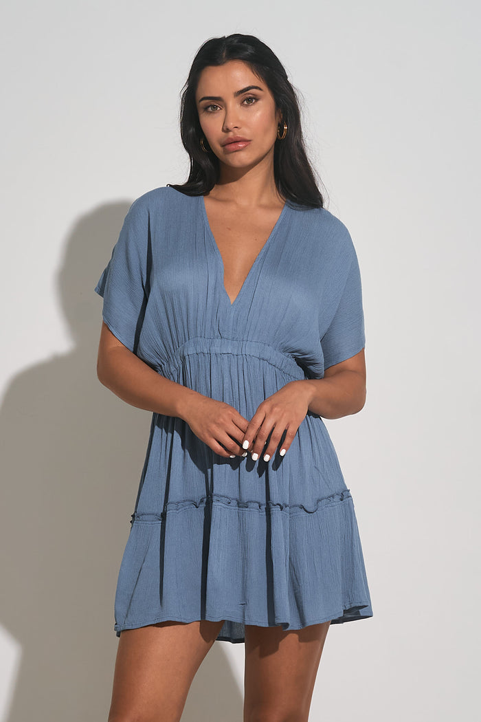 V-Neck Ruffle Bottom Mini Dress - Deep Blue