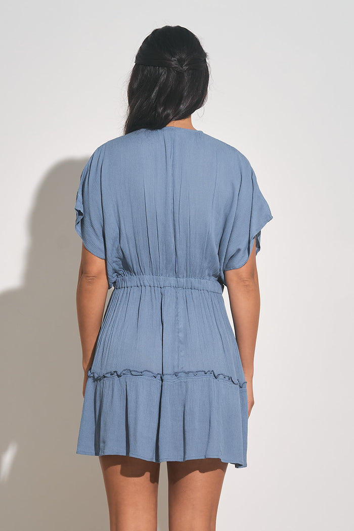 V-Neck Ruffle Bottom Mini Dress - Deep Blue