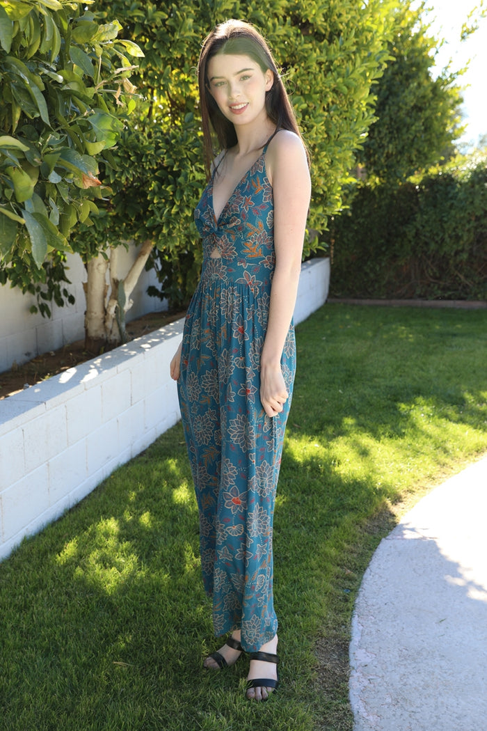 V-Neck Twist Front Wide Leg Jumpsuit - Lagoon