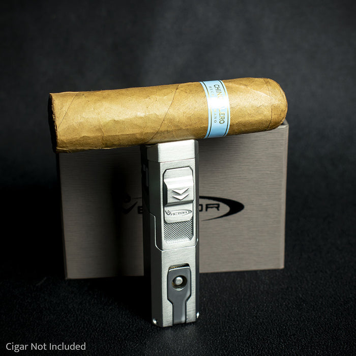 Vector Caliper Single Jet Flame Cigar Lighter With Punch Cutter - Satin Chrome