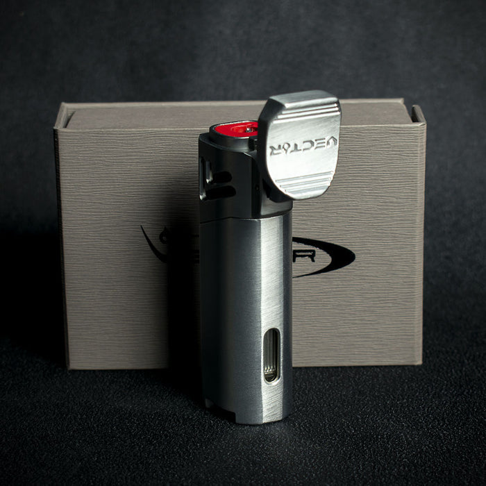 Vector Caliper Single Jet Flame Cigar Lighter With Punch Cutter - Satin Chrome