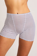 Navy-and-white striped boxer briefs with fly front and elastic waistband