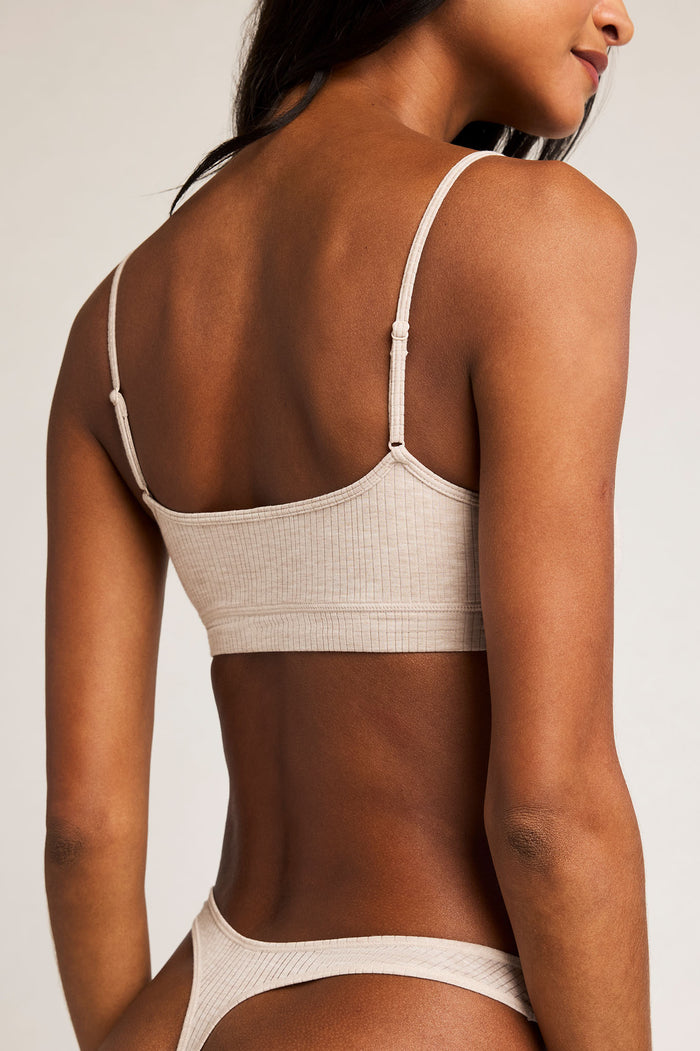 Sand bralette back view with thin straps and wide ribbed underband