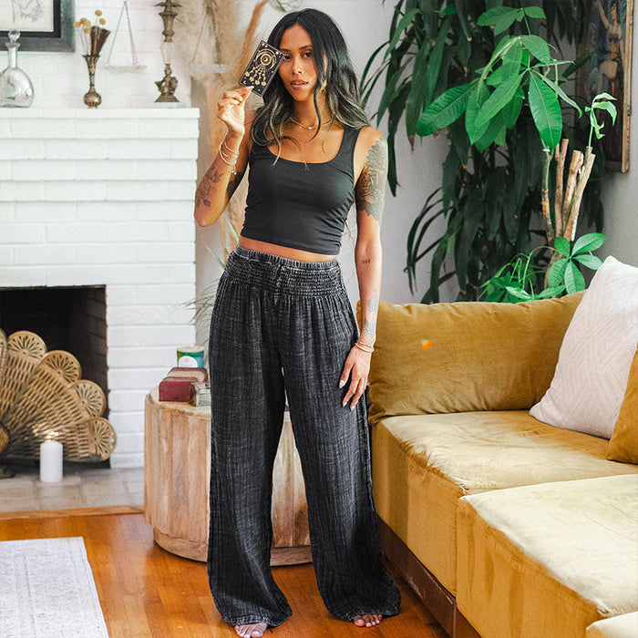 Wide Leg Cotton Pants with Pockets - Vintage Black
