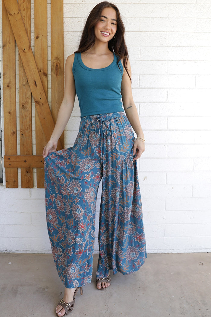 Wide Leg Pants with Elastic Waistband - Lagoon