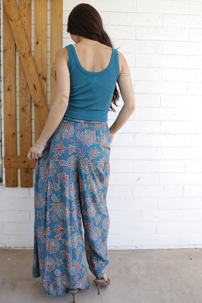 Wide Leg Pants with Elastic Waistband - Lagoon