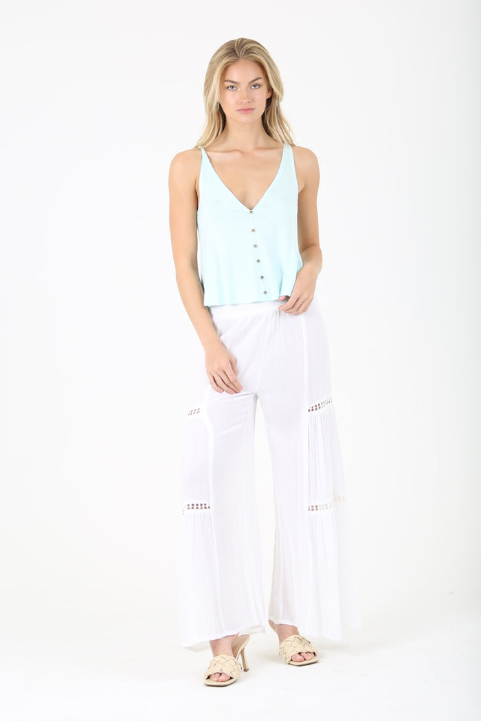 Wide Leg Pants with Lace Inserts - White