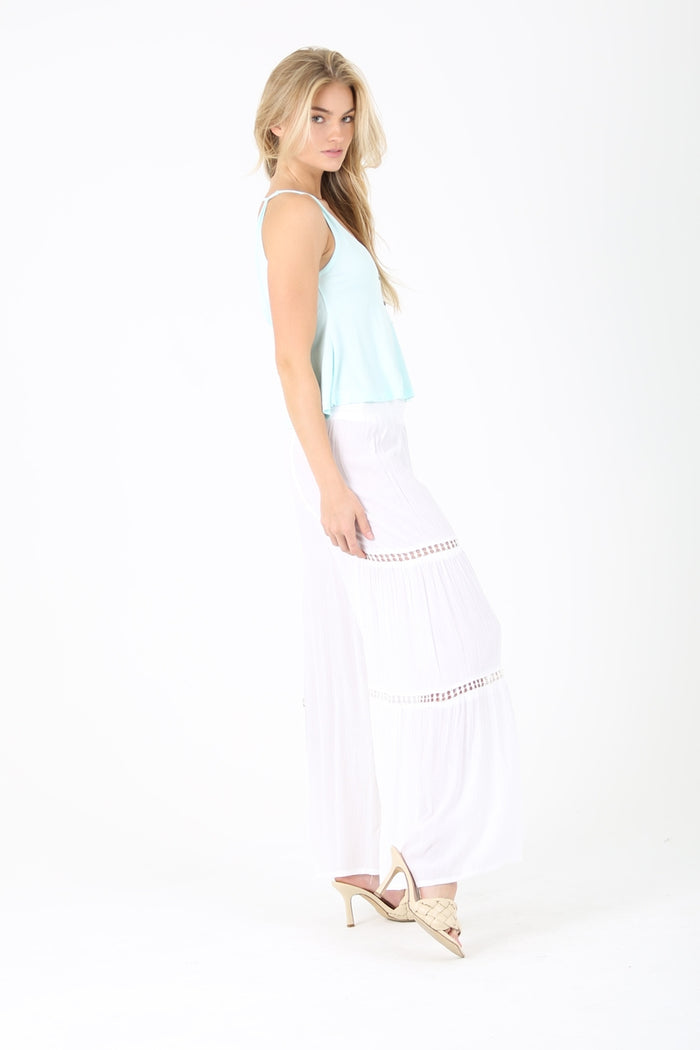 Wide Leg Pants with Lace Inserts - White