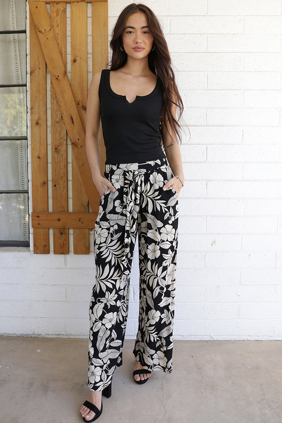 Wide Leg Pants with Tie - Black Floral