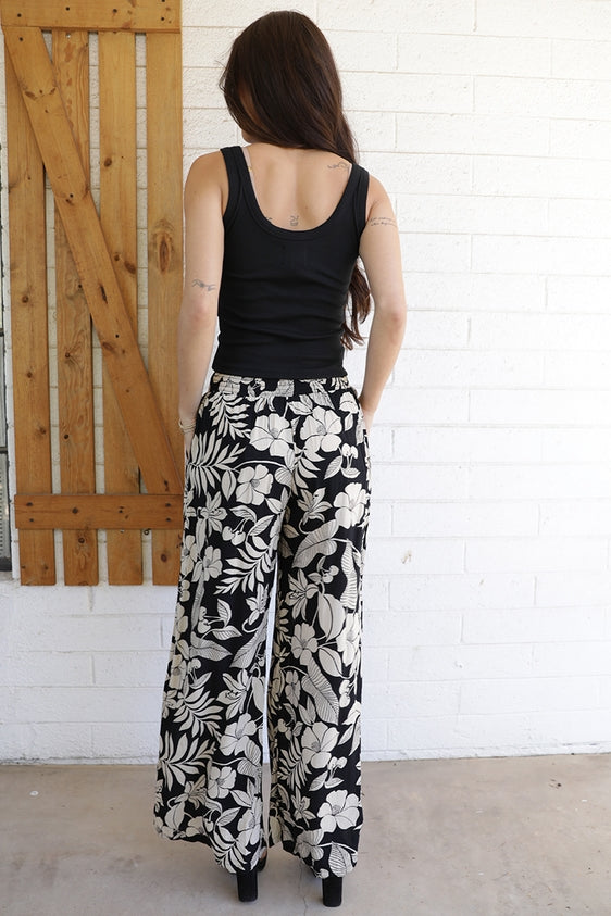 Wide Leg Pants with Tie - Black Floral