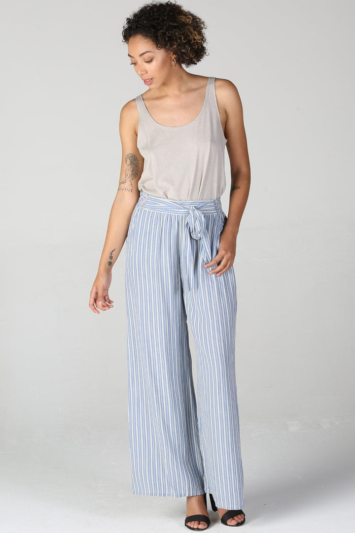 Wide Leg Pants with Tie - Blue/White Stripes