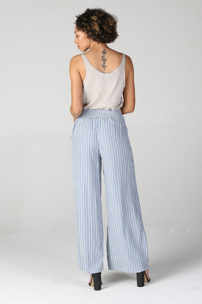 Wide Leg Pants with Tie - Blue/White Stripes