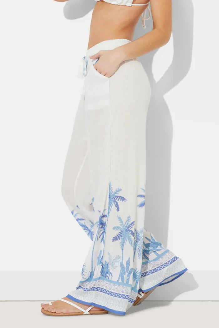 Wide Leg Rayon Crinkle Pants - White/Tonal Blue Palm
