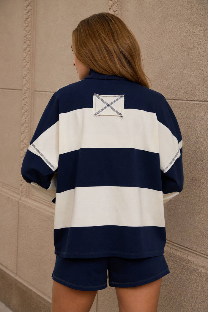 WIDE STRIPE HALF ZIP LONG SLEEVE KNIT TOP