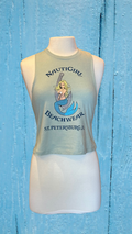 Women's Cropped Tank Top - Dusty Blue - Kaia Logo (Front) - Blue Text