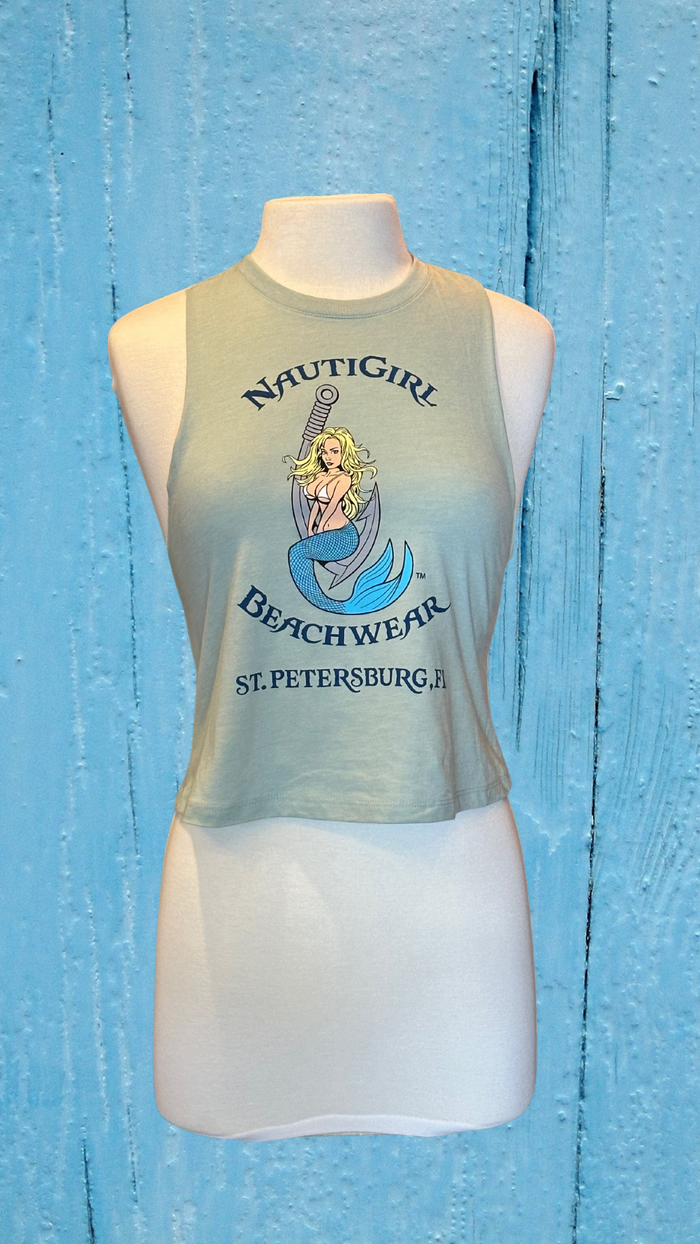 Women's Cropped Tank Top - Dusty Blue - Kaia Logo (Front) - Blue Text