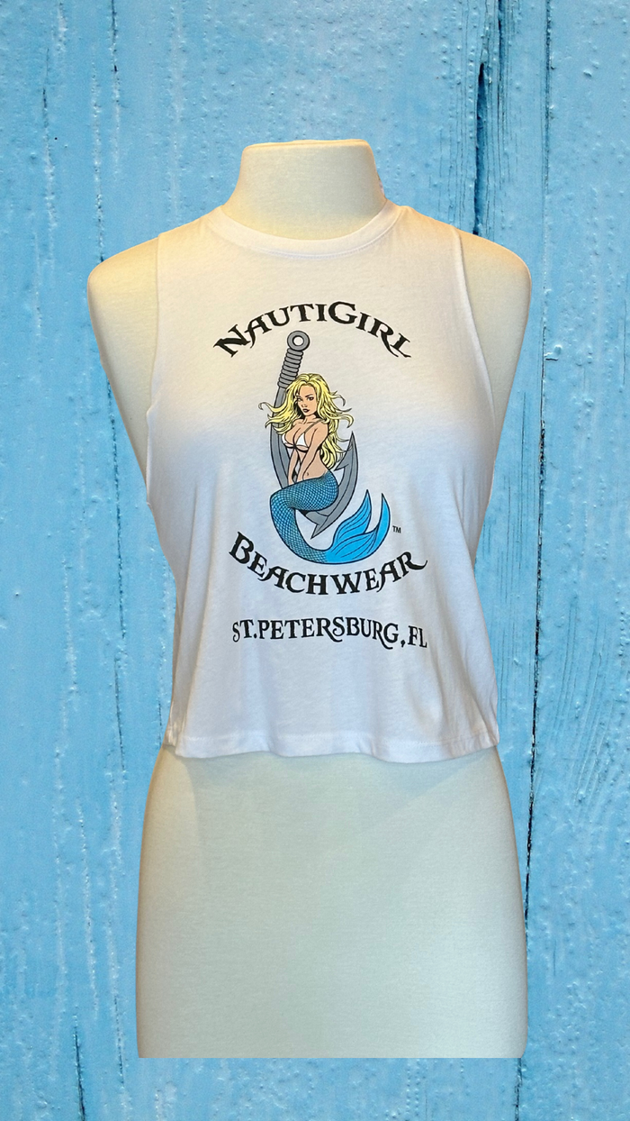 Women's Cropped Tank Top - White - Kaia Logo (Front) - Black Text