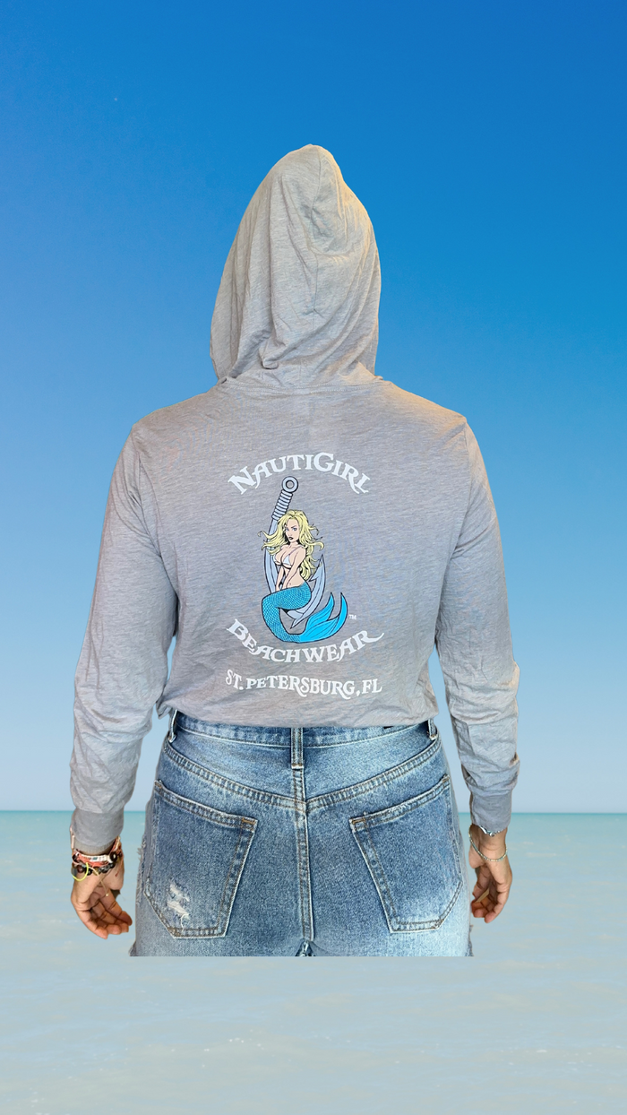 Women's Long Sleeve T-Shirt with Hood - Light Grey - Kaia Logo- White Text