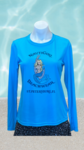 Women's Long Sleeve UPF Sun Shirt - Electric Blue - Kaia Logo (Front) - Blue Text