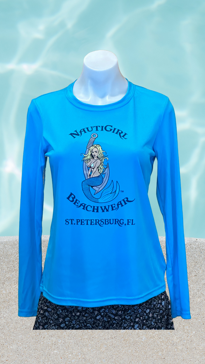 Women's Long Sleeve UPF Sun Shirt - Electric Blue - Kaia Logo (Front) - Blue Text