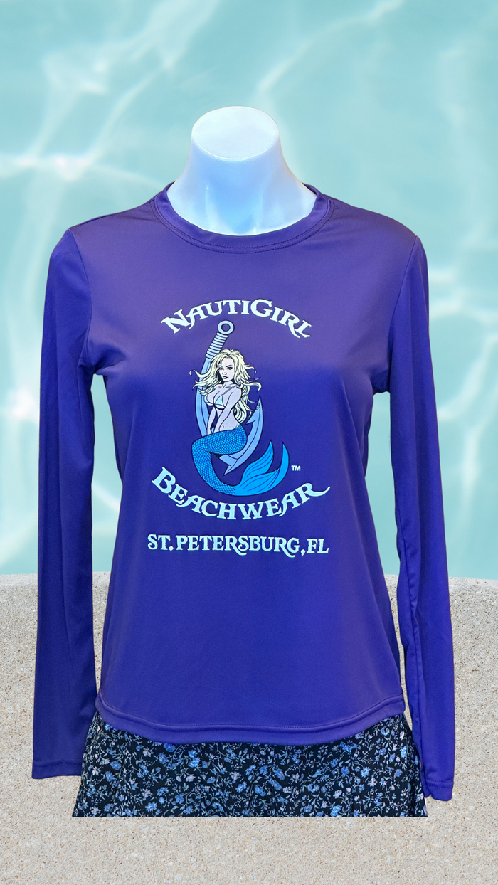 Women's Long Sleeve UPF Sun Shirt - Purple - Kaia Logo (Front) - White Text