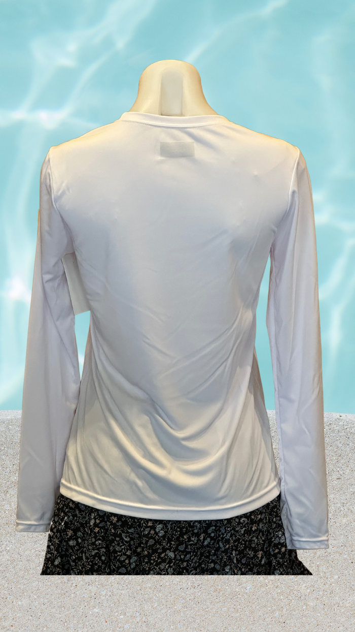 Women's Long Sleeve UPF Sun Shirt - White - Kaia Logo (Front) - Black Text