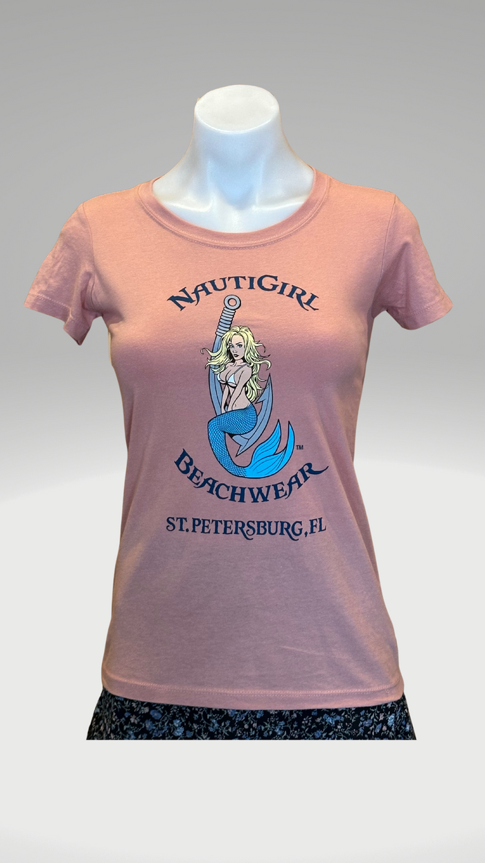 Women's Short Sleeve T-Shirt - Desert Pink - Kaia Logo (Front) - Blue Text