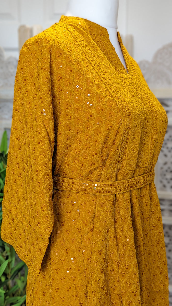 Yellow Short Belted Chikankari A-Line Kurti